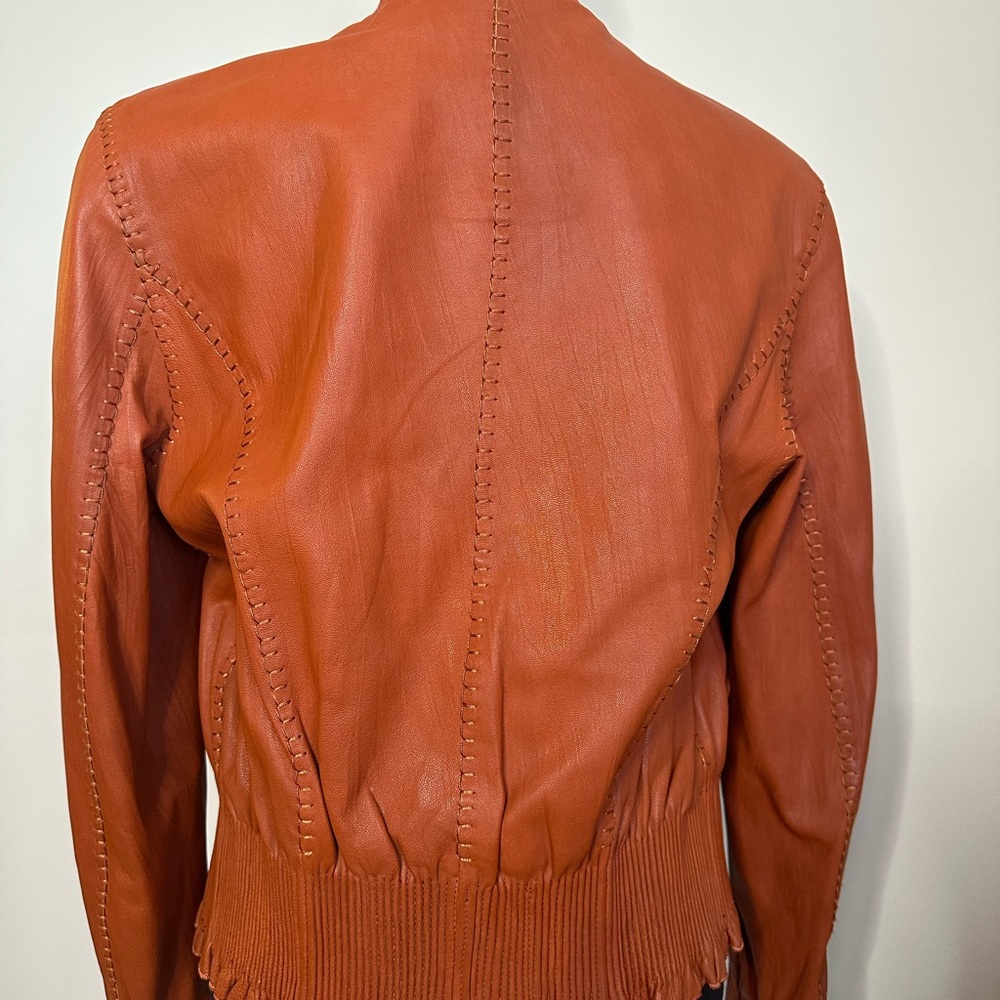 Vintage Cognac Leather Ruffle Peplum Jacket |Statement Jacket - Picture 9 of 15